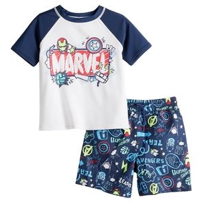 Marvel Toddler Boys Raglan Rash Guard Top and Board Short Swim Set Navy/White